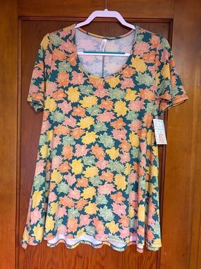 LulaRoe Perfect T XS Floral Scoop Neck Short Sleeve Top Fall Leaves Casual
